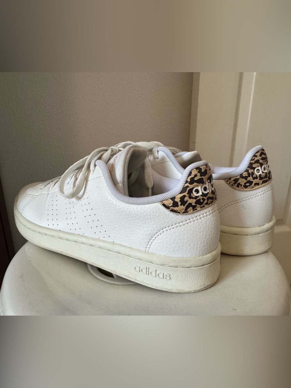 adidas Advantage White Sneakers with Leopard Heel Accent - Picture 1 of 5